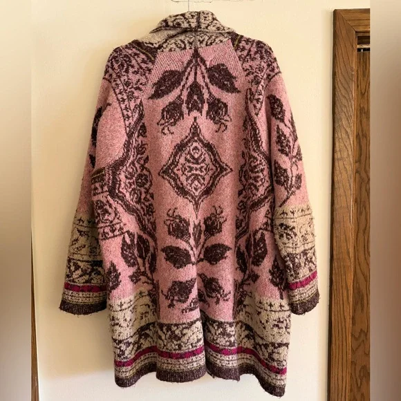 Anthropologie Jacquard Cocoon Cardigan Sweater Pink Cream Floral Bohemian Indie - Picture 9 of 10